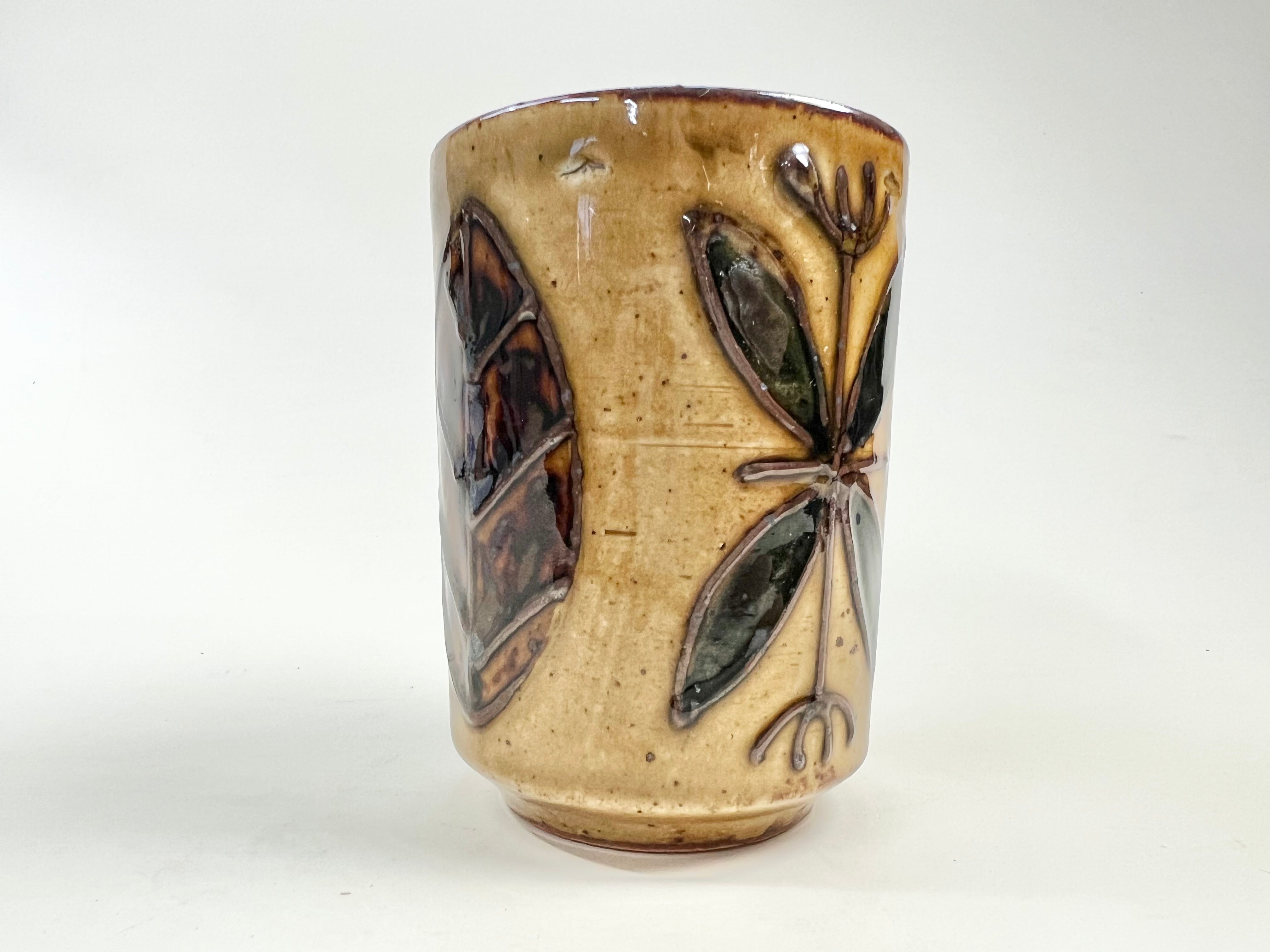 Small Glazed Pottery Vessel with Leaves Design - Native Gardeners