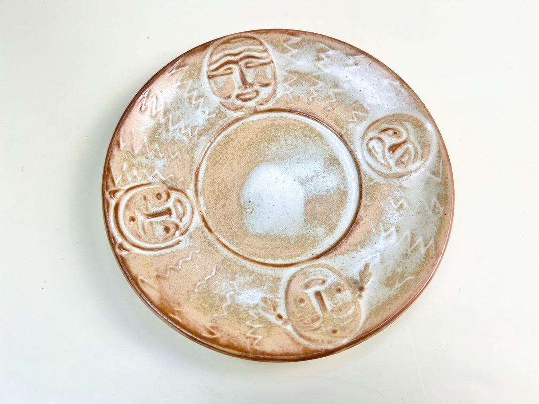 Beige Glazed Studio Pottery Saucer with 4 Faces - Native Gardeners