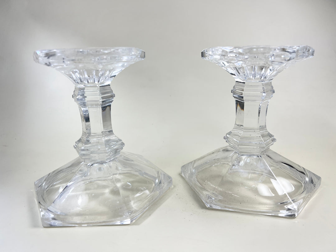 Pair of Crystal Hexagonal Base Candlesticks - Native Gardeners