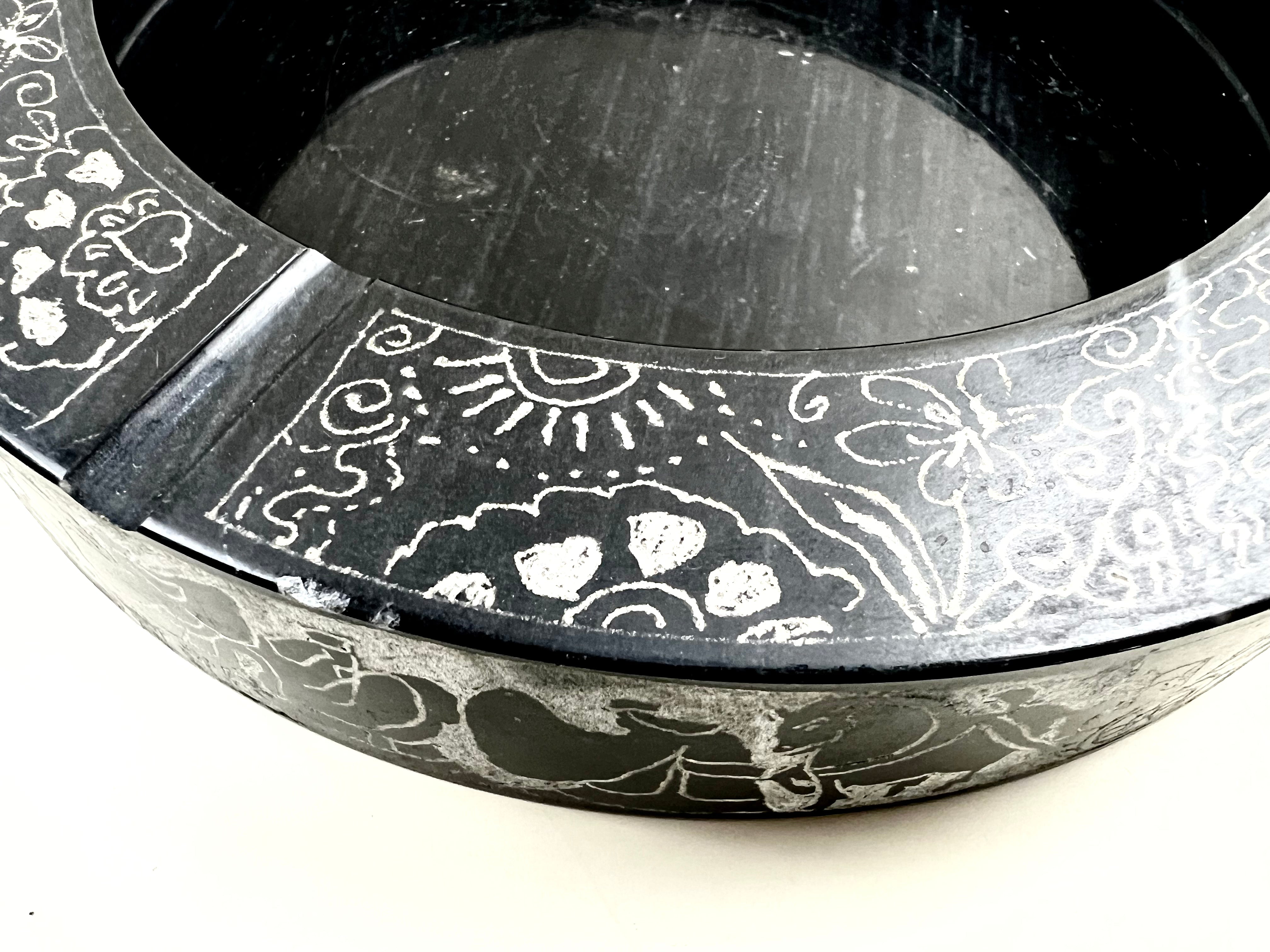 Large Carved Black Soapstone Ashtray or Incense Holder